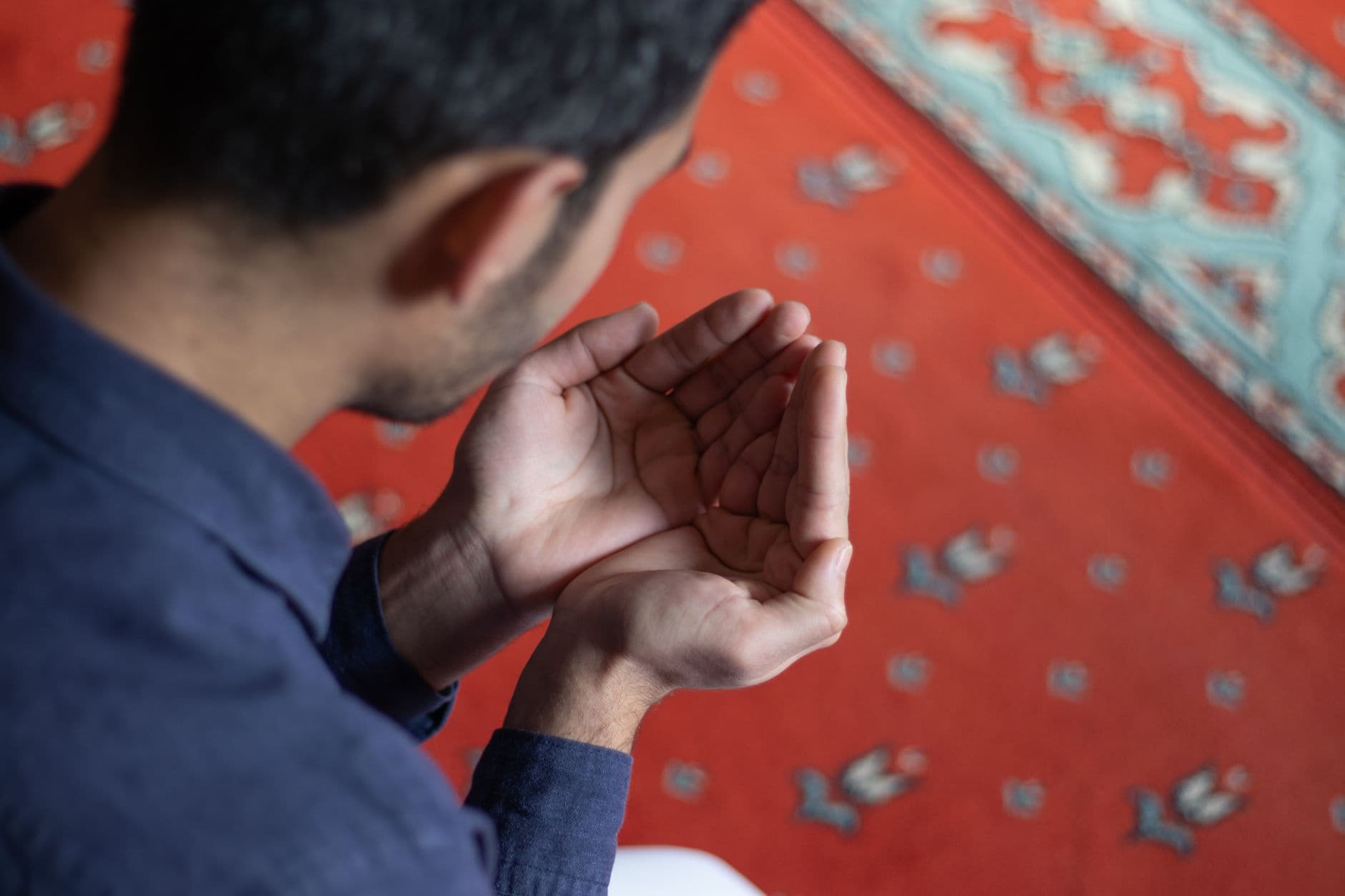 Photo by Emre Ateşoğlu on Pexels A young man holding his hands in prayer on a patterned mosque carpet, symbolizing devotion.